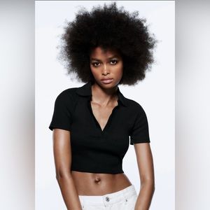 Zara Ribbed Cropped Polo Short Black